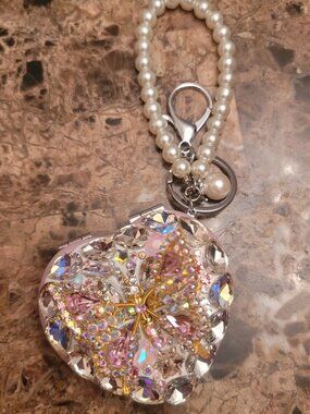 Rhinestone butterfly themed compact mirror keychain.  Brand new.